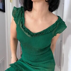 Vtg‎ green sheer ruffle fitted dress with slip Small